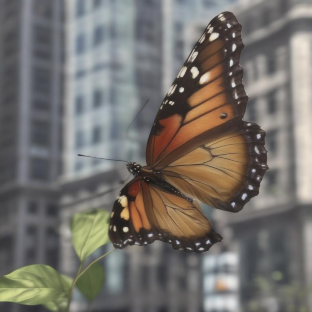 Image shows a monarch butterfly in front of an urban landscape with tall buildings.