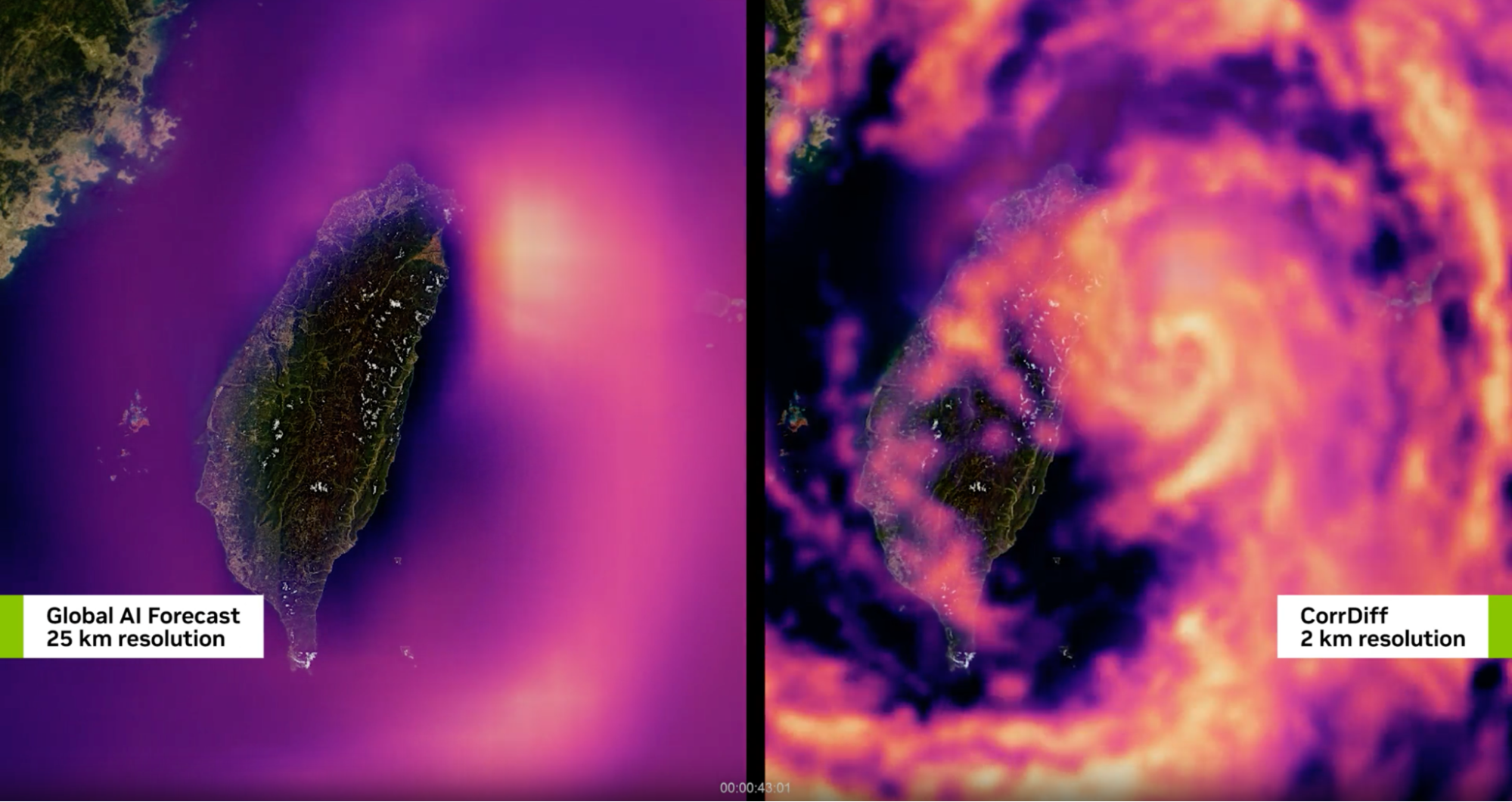 Two images of a typhoon, one from the Global AI Forecast at 25 km resolution and the other from CorrDiff at a 2 km resolution. 