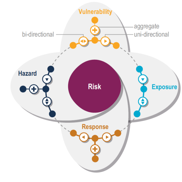 Diagram shows the bi-directional, uni-directional, or aggregate risk relationships between a hazard, a population’s vulnerability, exposure, and response.