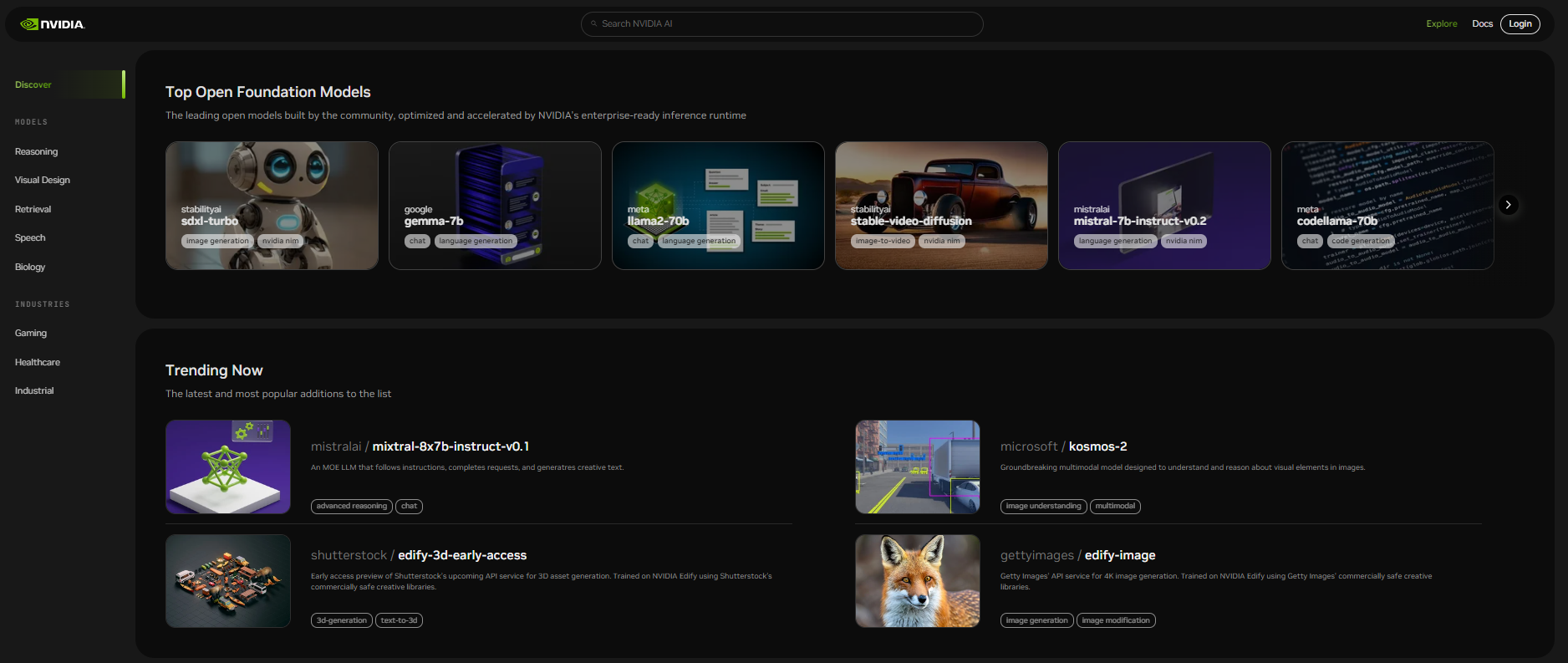 Screenshot of the NVIDIA API catalog. 
