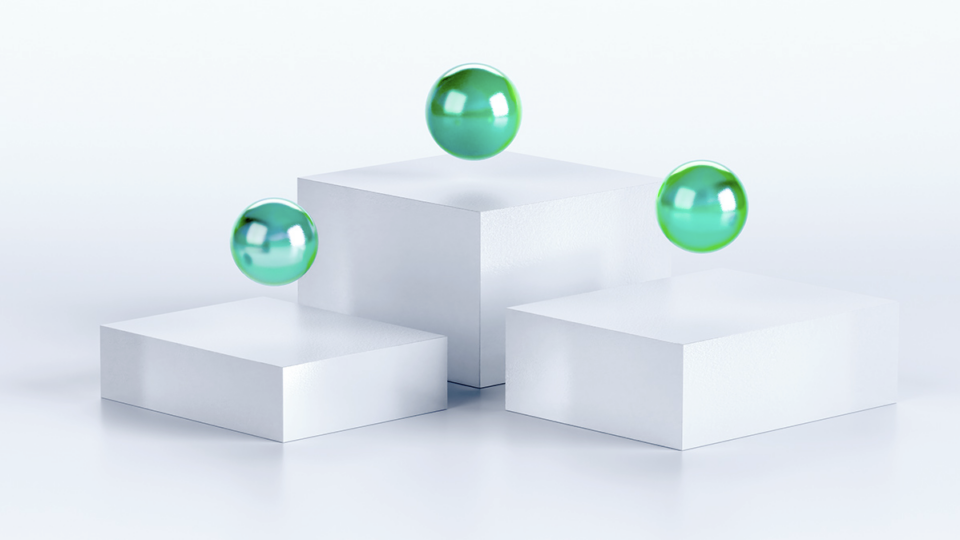三个反光的绿色球体悬浮在三个白色平台上，背景为中性。