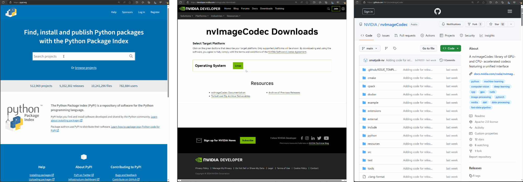 Screenshots of different ways to download the nvImageCodec package: PyPI, the NVIDIA Developer Zone, and the GitHub repo.

