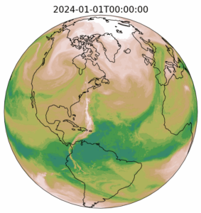 Image shows a globe with green water vapor indicators and a timestamp. 