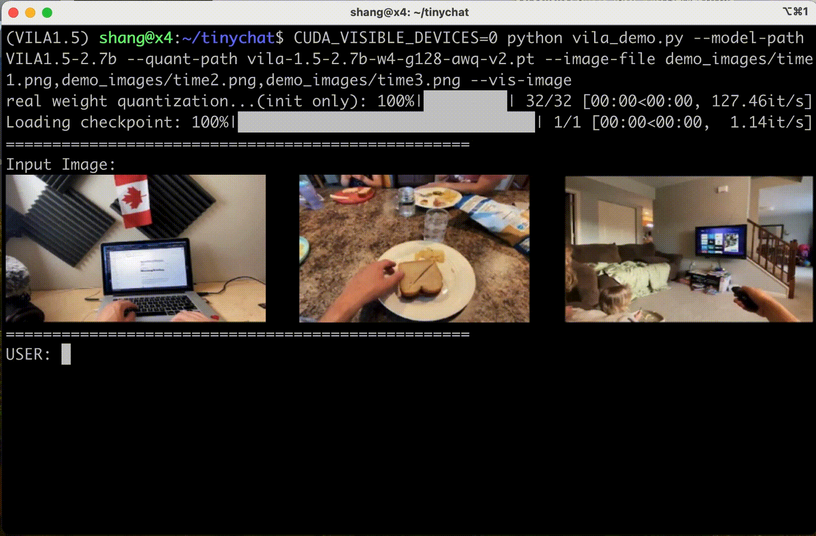 a demo showing a terminal where VILA explains someone's daily routine based on three pictures of their activities at different times