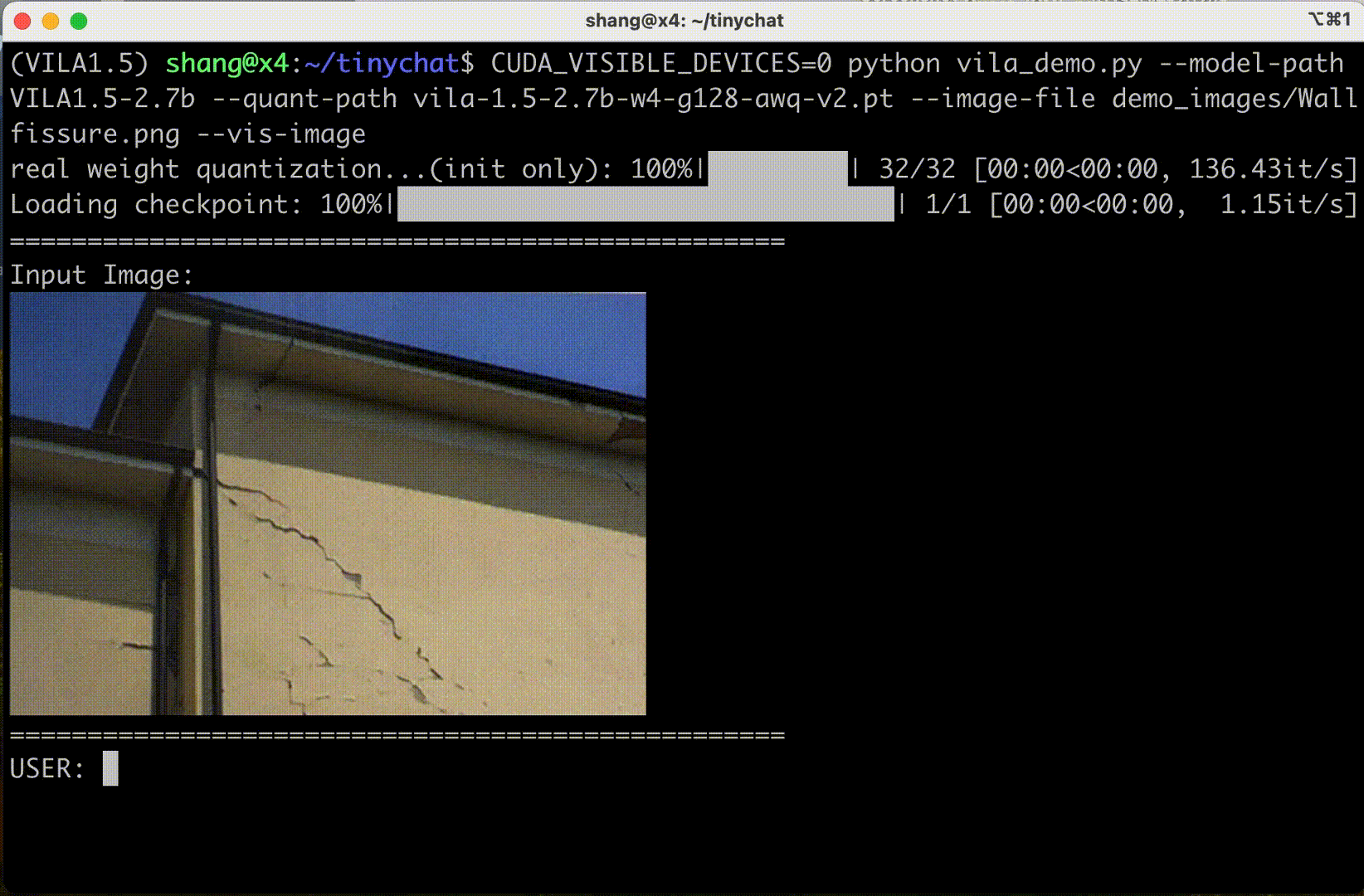 a demo showing a terminal where VILA explains the condition of a building based on its image