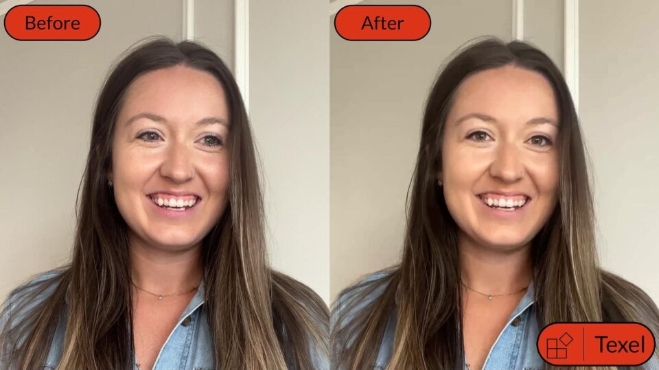 Two images of the same person, one looking away from the camera (before) and one looking directly at the camera (after). A label in the lower right says Texel.