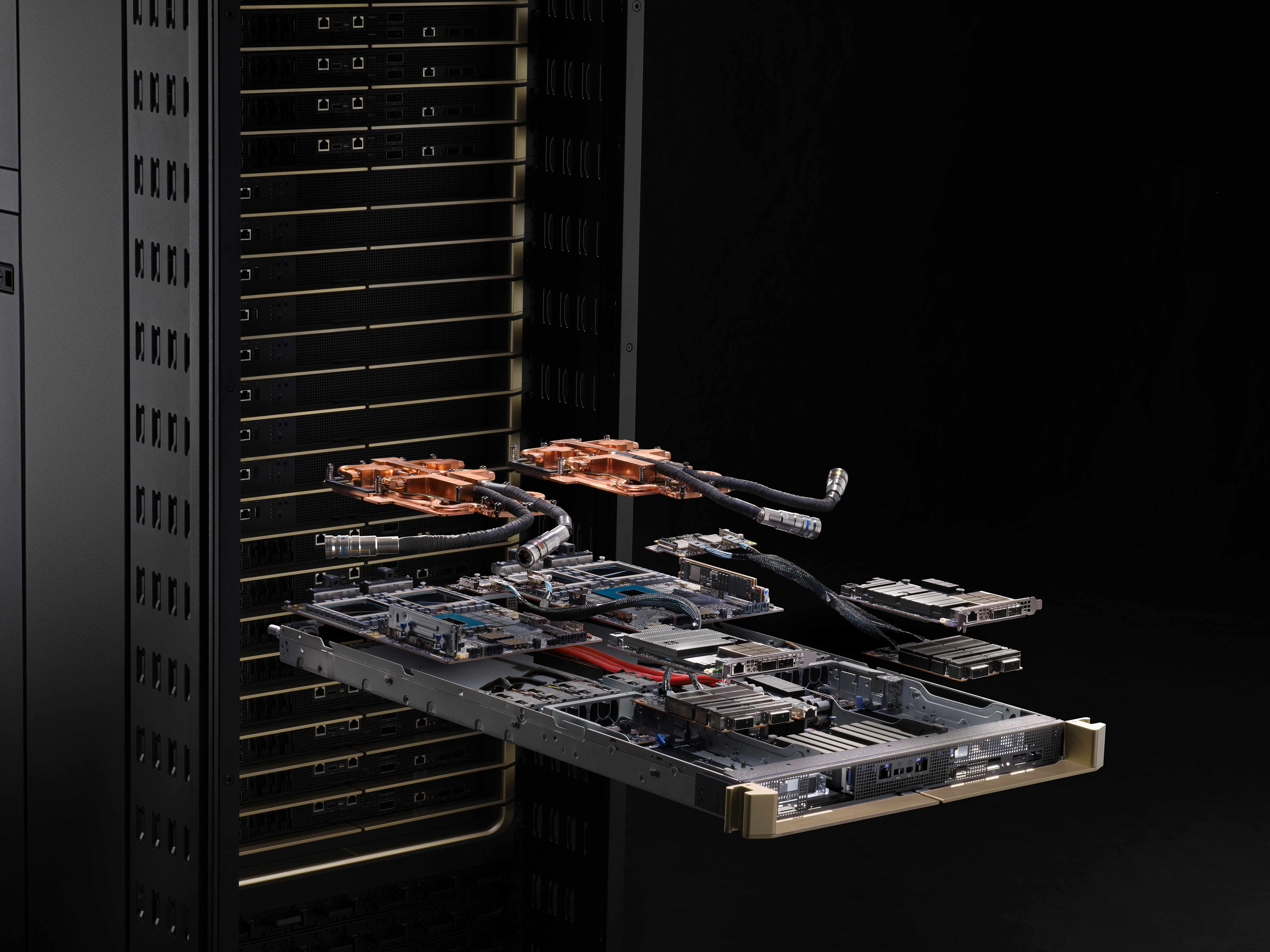 A GB200 NVL72 compute tray with the key components such as boards, cooling, and so on visible above the tray itself. The exploded view of the rack is in front of the GB200 NVL72 rack. 