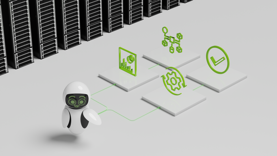 Decorative image of a robot next to several NVIDIA icons.