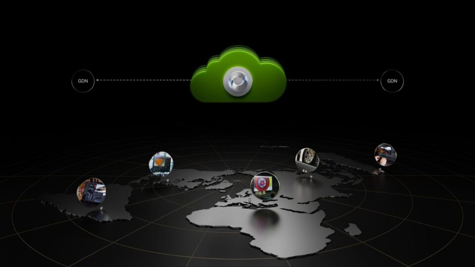 Decorative image of GDN logo floating in a green cloud above a world map that has other gaming logos floating lower down.