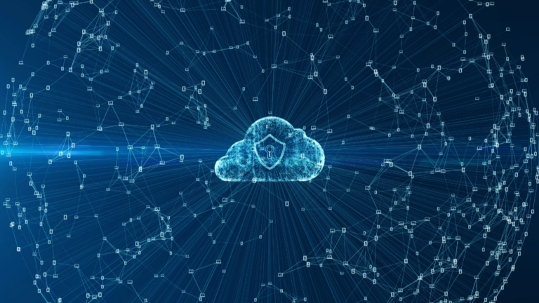 A cloud with a cybersecurity lock icon, surrounded by a sphere of connected nodes.