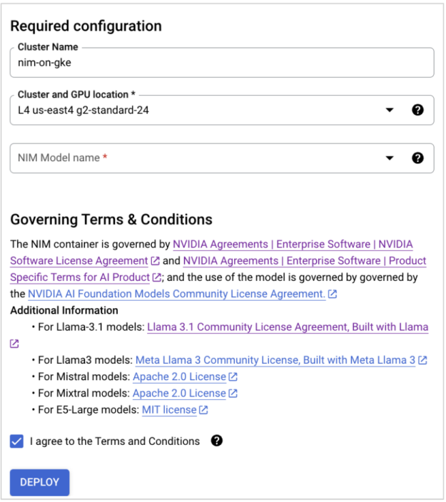 Screenshot showing required configuration, governing terms and conditions, and a blue Deploy button. 
