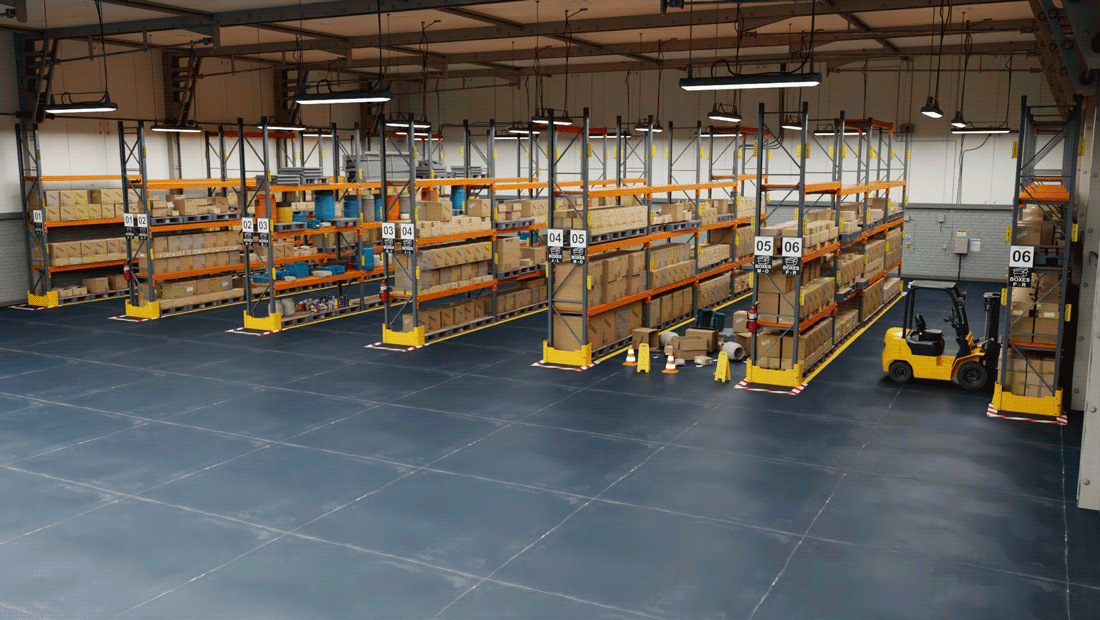 A digital twin of a warehouse with shelves of boxes.
