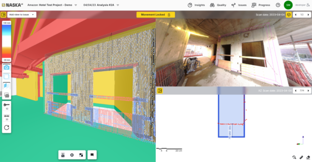 Screenshot of the NASKA.AI platform displaying a construction site scan, where an automated analysis has identified a discrepancy between the actual construction and the planned BIM model.
