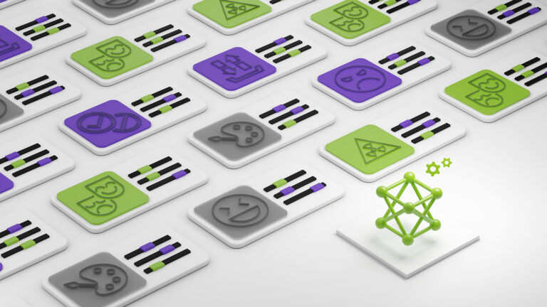 Nemotron icon in front of multiple tiles with icons and three sliders each, in colors of green, purple, and grey.