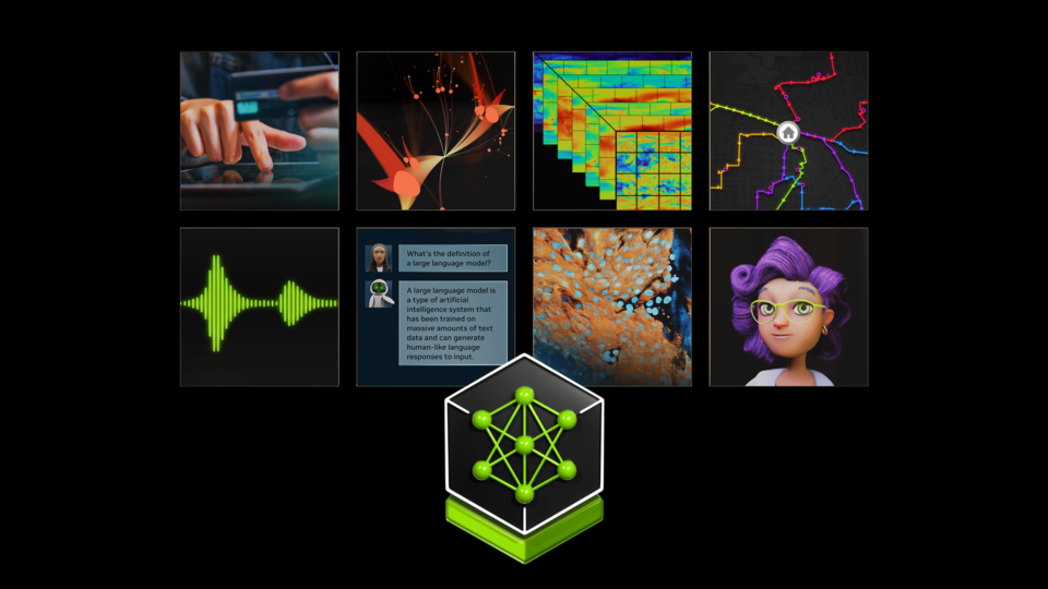 NVIDIA AI Enterprise use cases as cards on a black background, with the logo in front.