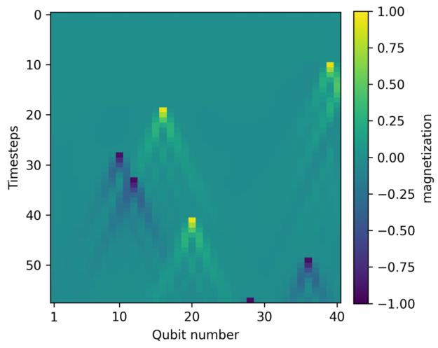 Graph showing that Google was able to simulate a 40 qubit spin-chain with cuQuantum and observe measurement-induced phase transitions.
