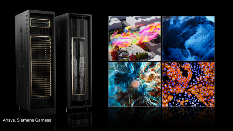 A photo of two GPU clusters and another picture of four scientific computing workflows demonstrating computational fluid dynamics.