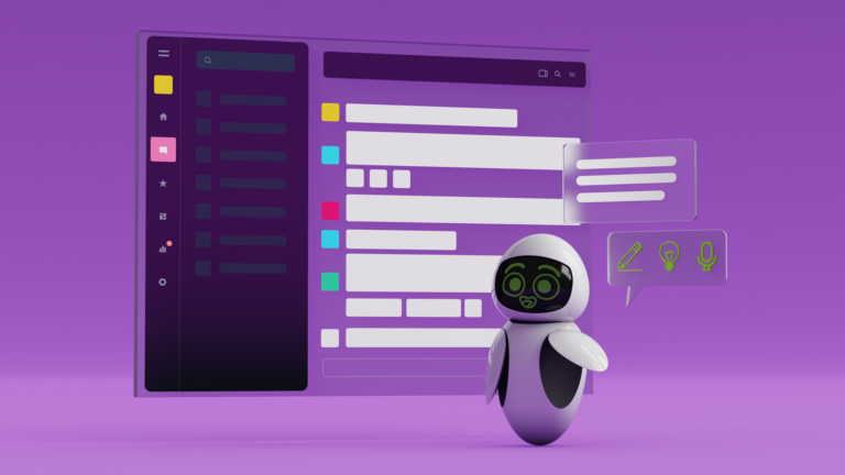 Chatbot avatar in front of a stylized chat screen on a purple background.