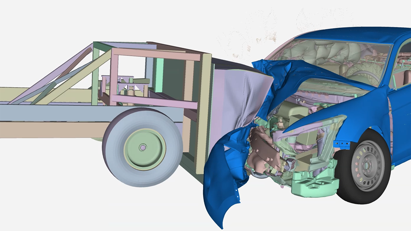 Image showing a vehicle crash simulation model for Ansys LS-DYNA software. 