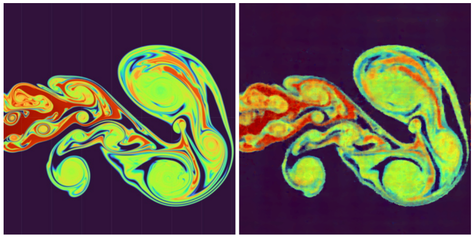 Side-by-side example comparing the MLP network approach to approximate an image of a 2D fluid simulation.