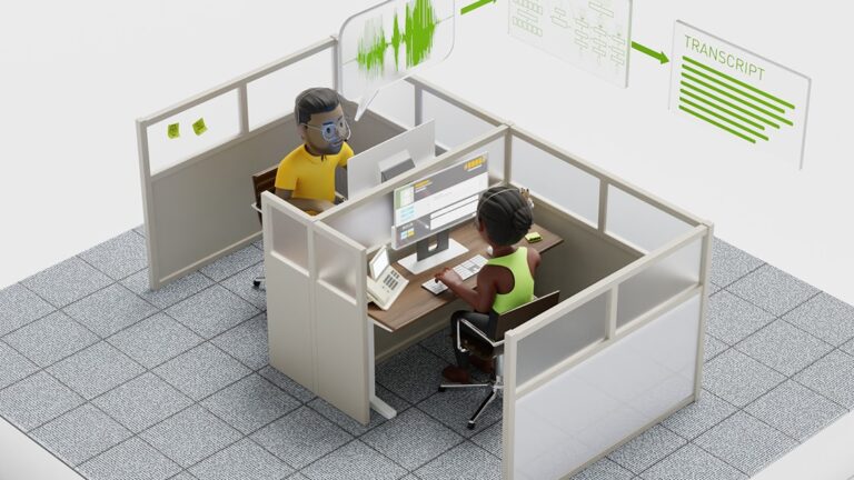 Two people sitting at their desks with icons for speech translation in the background.