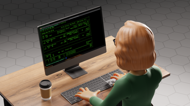 An avatar working at a PC station.