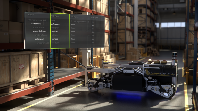 Image of an autonomous mobile robot on a factory floor in a digital twin screenshot.