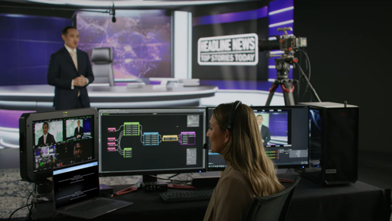 A picture of a person sitting in front of audiovisual equipment.