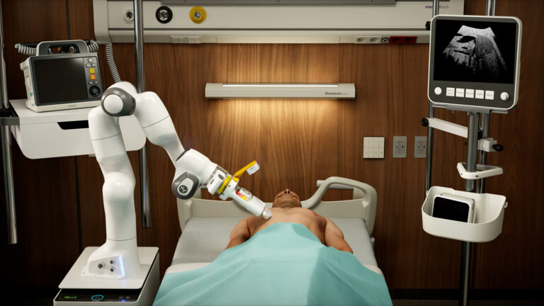 A patient laying on a doctor's table with a robotic arm examining them.