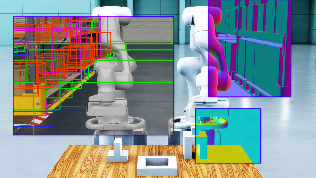 Collage of a robot arm with OpenUSD code and schema.