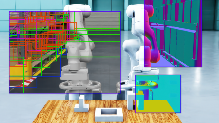 Collage of a robot arm with OpenUSD code and schema.