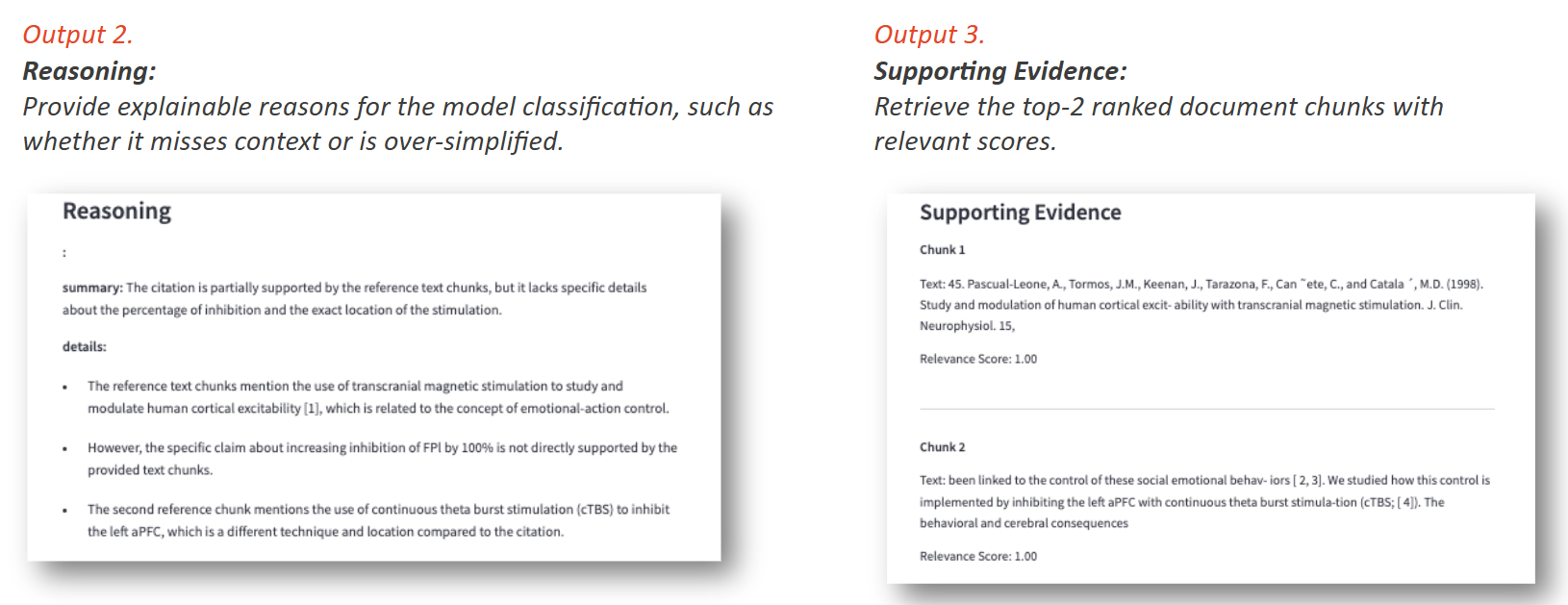Screenshot of an NVIDIA tool interface for semantic citation validation. The interface is divided into sections: "Output 2" displays a user's claim about research findings. "Output 3" shows relevant excerpts from research papers with highlighted sections and relevance scores. "Reasoning" provides an AI-generated explanation comparing the claim and evidence, noting consistencies and discrepancies. The overall interface is clean and designed for technical users. The text at the top of the image reads "Streamlining citation reviews, saving time, and enhancing research accuracy and quality."