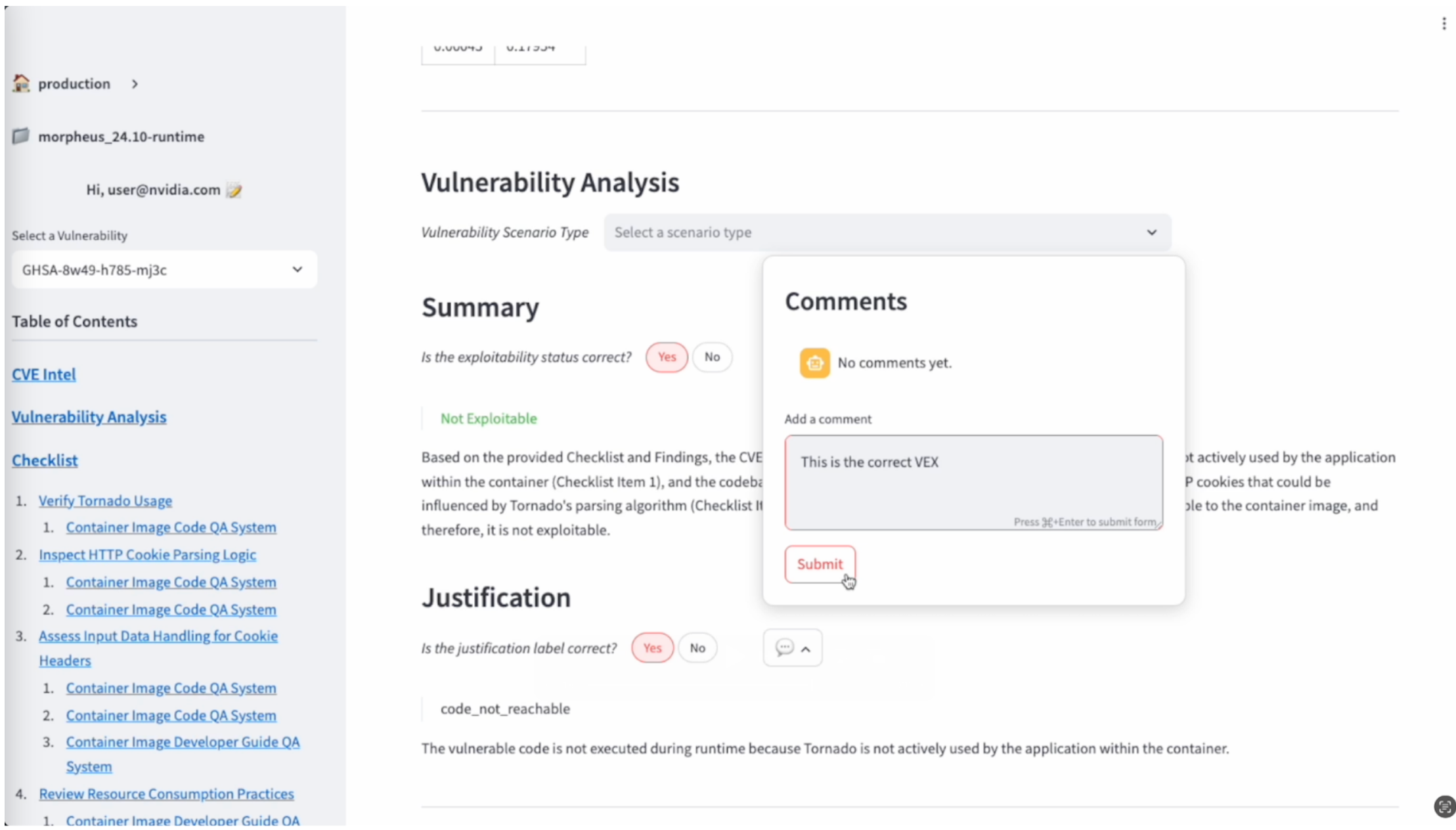 Screenshot of the UI of the annotation tool where analysts review and comment on vulnerability analysis results.