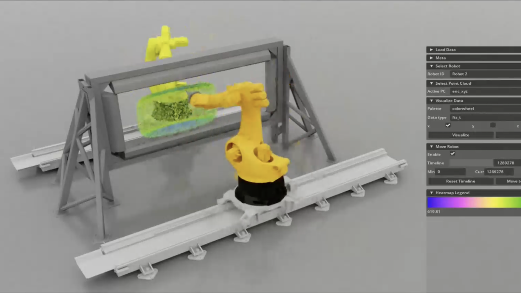 A simulated image from NVIDIA Omniverse that models a sheet of metal hanging between two robotic arms.