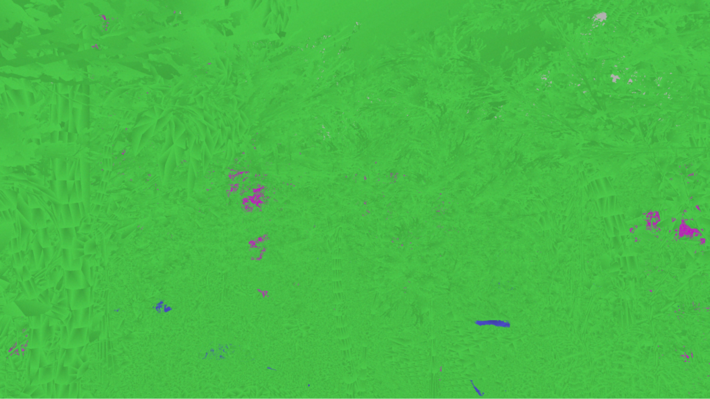 An image shows a version of the profiled scene where the majority of the image is shown in green pixels for the primary rays that haven't had to evaluate any alpha testing on the shader side. There are scattered blue and purple pixels in several areas.