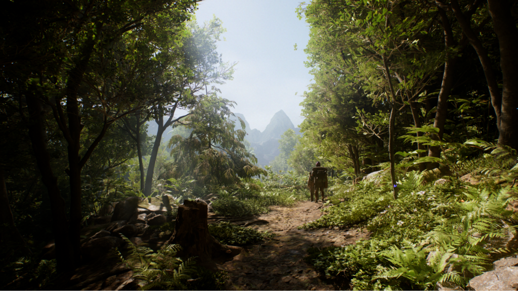 A still from the opening scene of the game, where the player is walking on a trail in the Peru jungle behind two other characters.