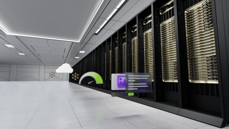 Decorative image of a datacenter with floating icons overlaid.
