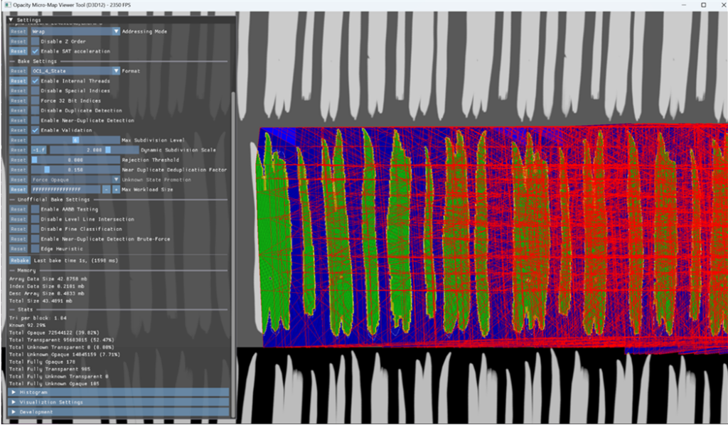A screenshot from a tool showing statistics about a given OMM, and slides and controls to change the parameters of the baker and rebake a new OMM. The right panel shows the micro-triangles of the OMM and the underlying covermap.