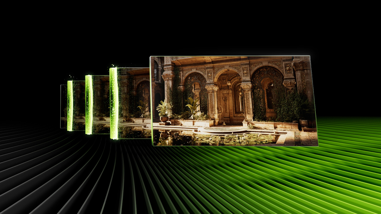 An image of an ornate courtyard being rendered with increasing clarity and detail through NVIDIA DLSS technology, represented by four screens with green glowing bars on the left side of each screen