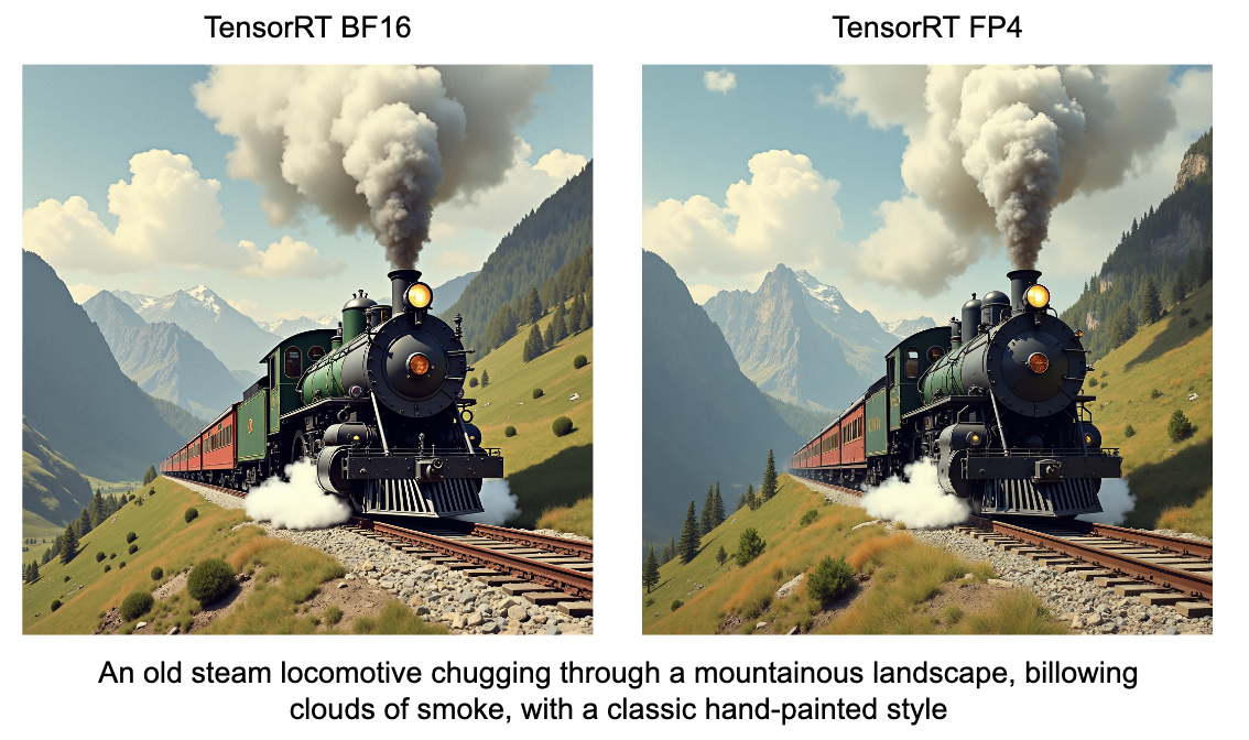 A row of 3 images showing almost the same quality despite being generated using different precisions in PyTorch and TensorRT frameworks.