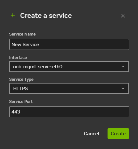 Screenshot displaying a new HTTPS service enabled on port 443 in NVIDIA Air.