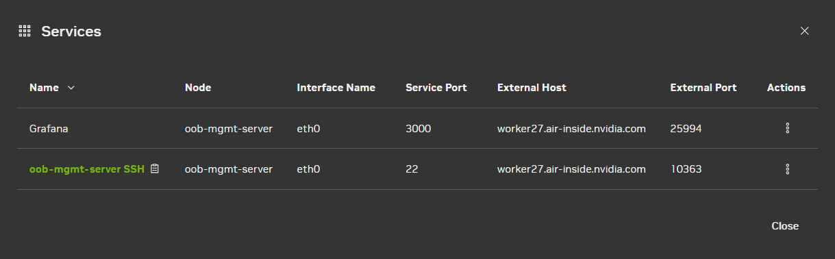 Screenshot displaying external services enabled on the oob-mgmt-server node in NVIDIA Air.