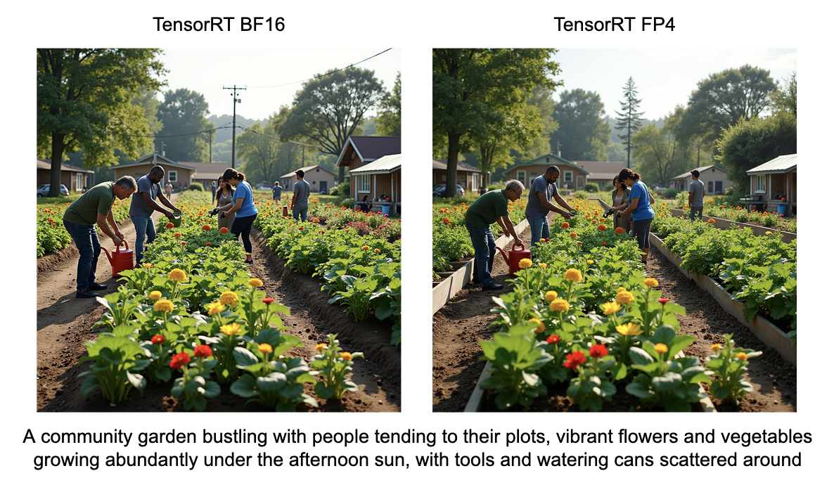 A row of 2 images each showing strong prompt adherence between generated images despite using various precisions in TensorRT.