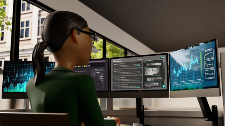 An illustration of a female sitting at a computer looking at trade trends.