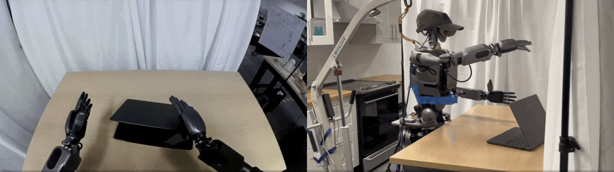 Side-by-side videos showcasing a humanoid robot opening a laptop from a first-person perspective and a third-person perspective.
