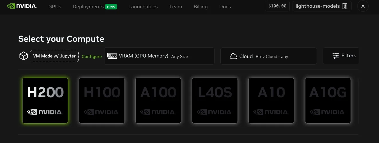 The image shows the console at brev.dev for users to select which type of GPU option in the ‘Select your Compute’ page, the user can select between boxes in a row of H200, H100, A100, L40s, A10 and A100 shown.
