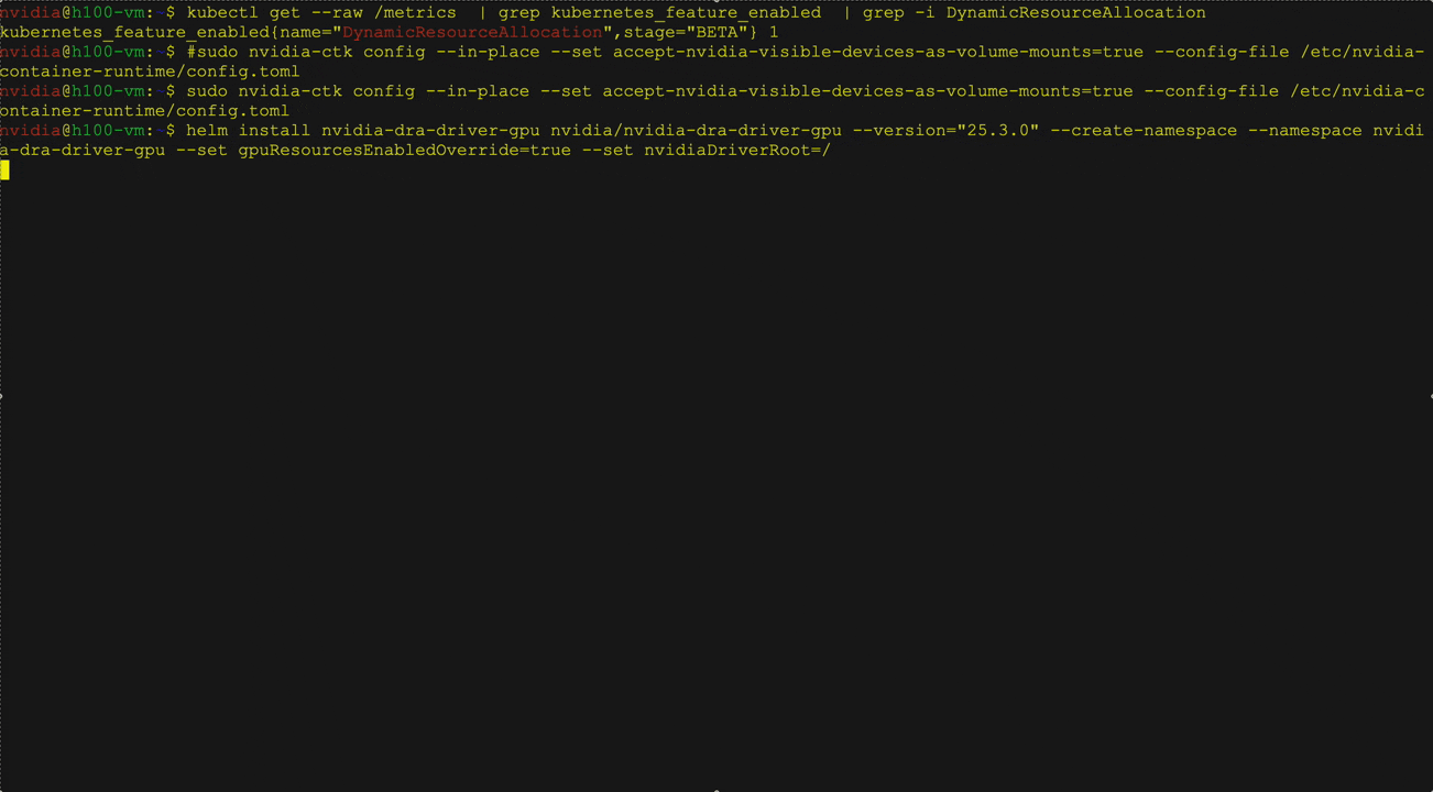 Animated GIF of a computer screen showing the deployment of Llama 3 8B Instruct NIM using the Kubernetes DRA with NIM Operator.
