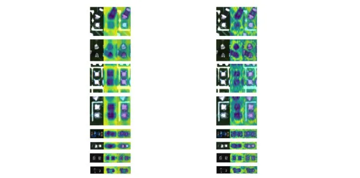 Two side-by-side images comparing the features from a generic NV-DINOv2 model (versus a domain adapted NV-DINOv2 model when computed for an PCB image for the “Defect” class.
