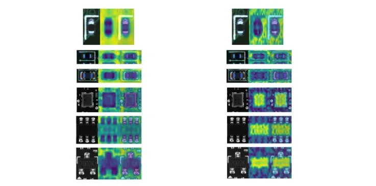 Two side-by-side images comparing the features from a generic NV-DINOv2 model (versus a domain adapted NV-DINOv2 model when computed for an PCB image for the OK class.
