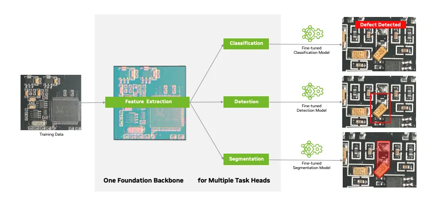 The diagram shows the TAO fine-tuning workflow. It starts with a foundation backbone that learns image features from your dataset, followed by task head layers (classification, detection, segmentation) that use these feature maps to generate final predictions.
